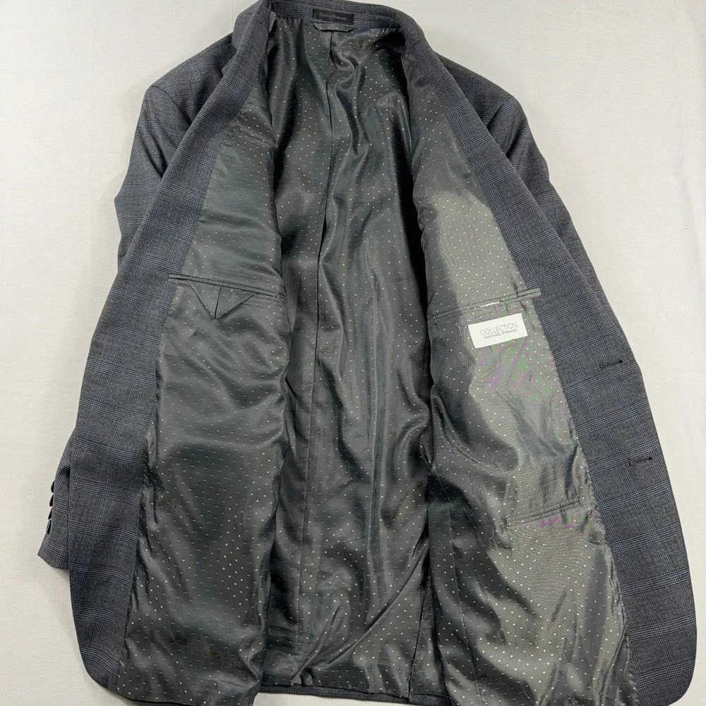 Collection by Michael Strahan Suit Jacket Grey Blue Glen Plaid‎ Wool Blend 46L